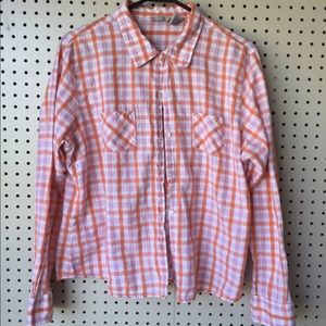 Orange/white/red plaid button down shirt